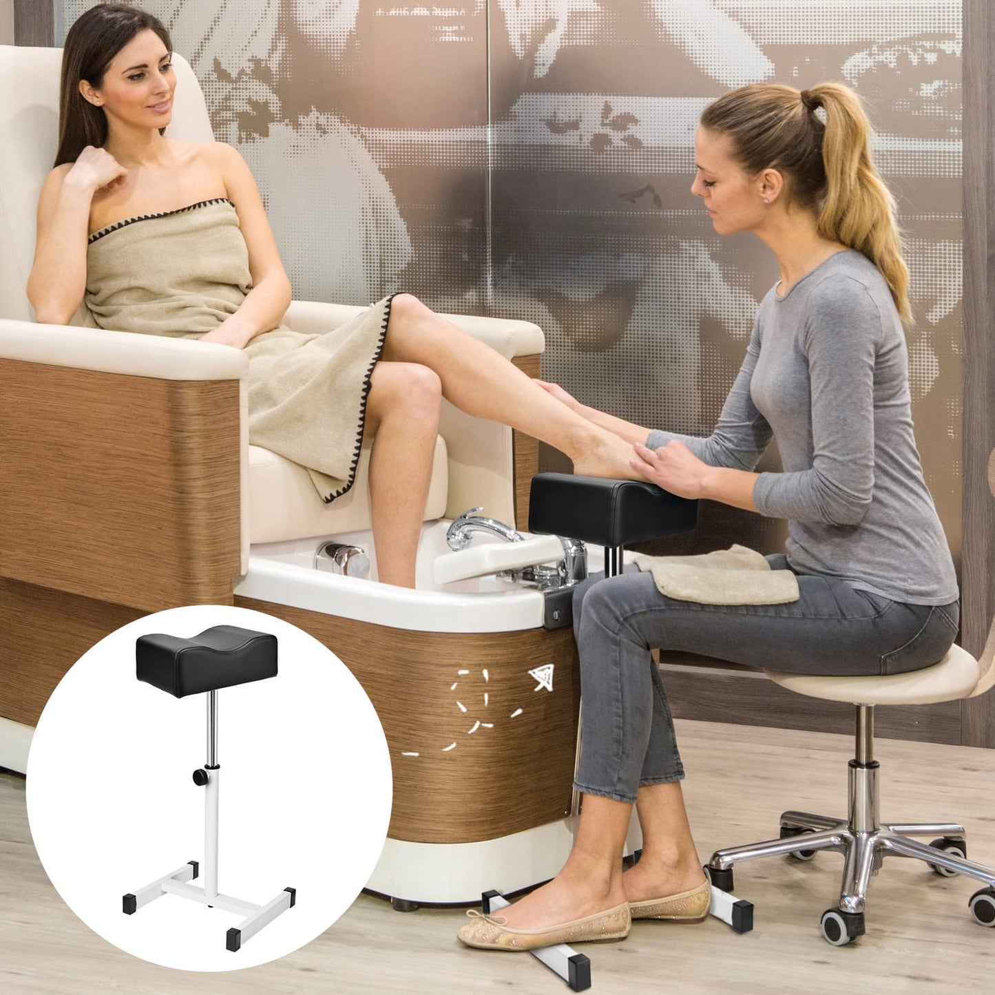 Pedicure Manicure Footrest, Foot Massage Manicure Nail Beauty Stool Stand, Adjustable Height Footstool for Home Beauty Salon Spa Tattoo (Black)