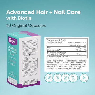 Advanced Hair + Nail Care - 60 Capsules - Grow, Strengthen & Thicken Hair and Nails - with Patented Ch-Osa & Biotin - 60 Servings