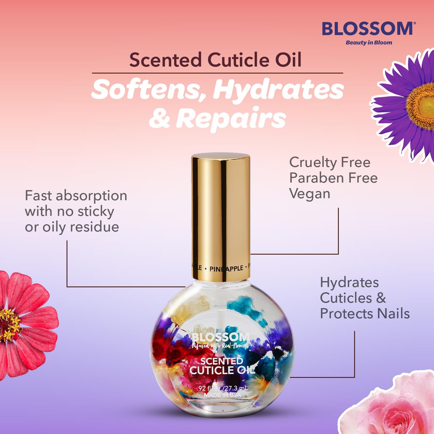 Blossom Hydrating, Moisturizing, Strengthening, Scented Cuticle Oil, Infused with Real Flowers, Made in USA, 0.92 Fl. Oz, Pineapple