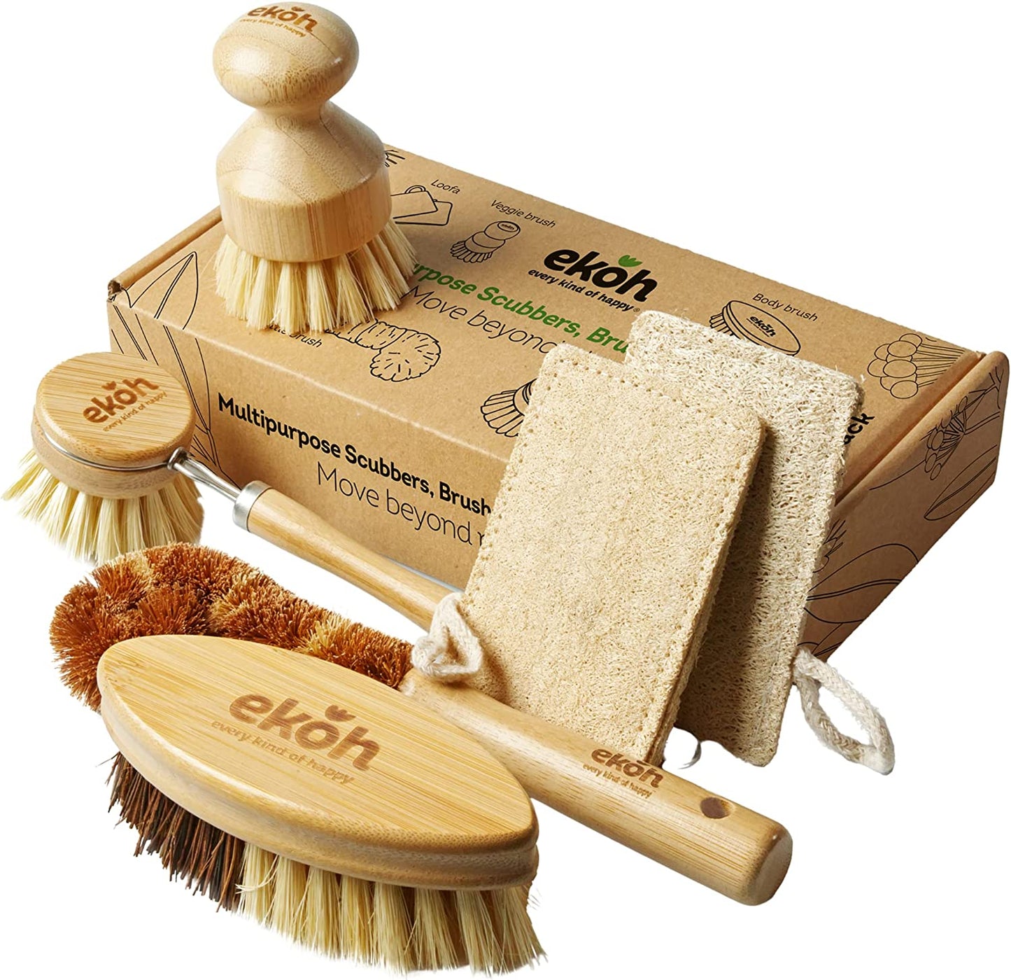 EKOH Multipurpose Bamboo Brush 6 Pack | Dry Brushing Body Brush Natural Soft Bristles, Nail & Feet Scrubber + 2 Natural Loofah Sponges | Bottle Brush & Dish Brush for Home, Shower & Bath