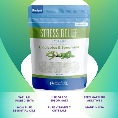 Stress Relief Bath Salt 32 Ounces Epsom Salt with Natural Spearmint and Eucalyptus Essential Oils plus Vitamin C in BPE Free Pouch with Easy Press-Lock Seal