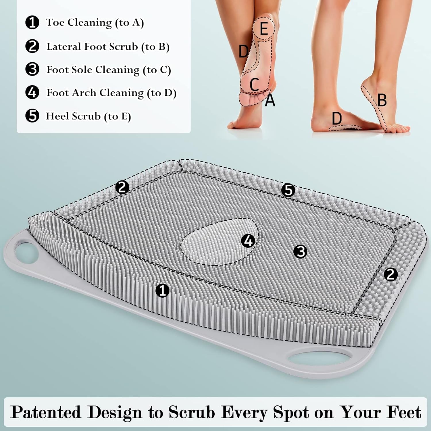 Large Silicone Foot Scrubber Mat - Shower Foot Cleaner Brush to Clean, Exfoliate and Massage Feet without Bending Over, Improve Foot Appearance and Overall Health, Grey - 17.3" X 13"