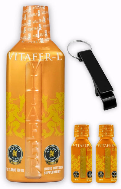 Vitafer-L Gold - AMC Suplements for Men and Woman. 1 of (500 Ml - 16.9 Oz) with 2 Vitachito Gold (20Ml - 0.67Oz) Pocket Size with Bonus AMC Keychain Bottle-Can Opener Gift