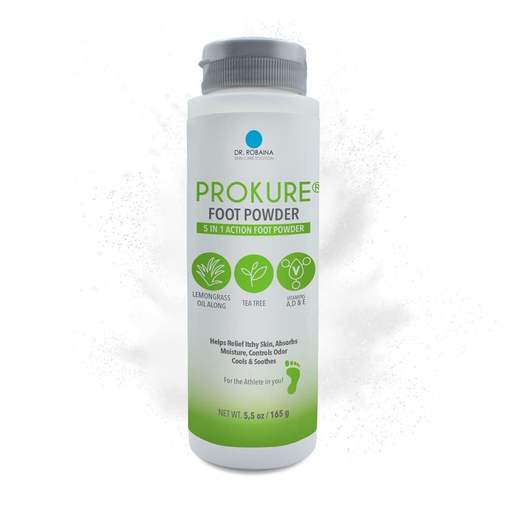 Dr. Robaina Skin Care Solution PROKURE Foot Powder Triple Action Body Powder Relief Itchy Skin, Absorb Moisture and Control Odor While Cooling and Soothing 5.5 Oz (165G)