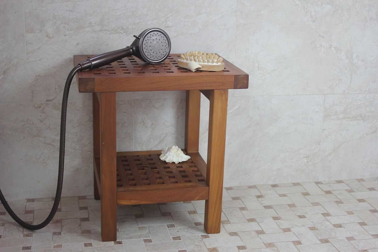 the Original 18" Grate Teak Shower Bench with Shelf