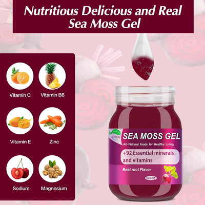 Sea Moss Gel Raw Organic,Real Sea Moss Gel with Irish Seamoss,Wildcrafed Sea Moss Gel,Immune & Digestive Support,Vitamins & Minerals Supplement(Beet Root,18.5Oz)