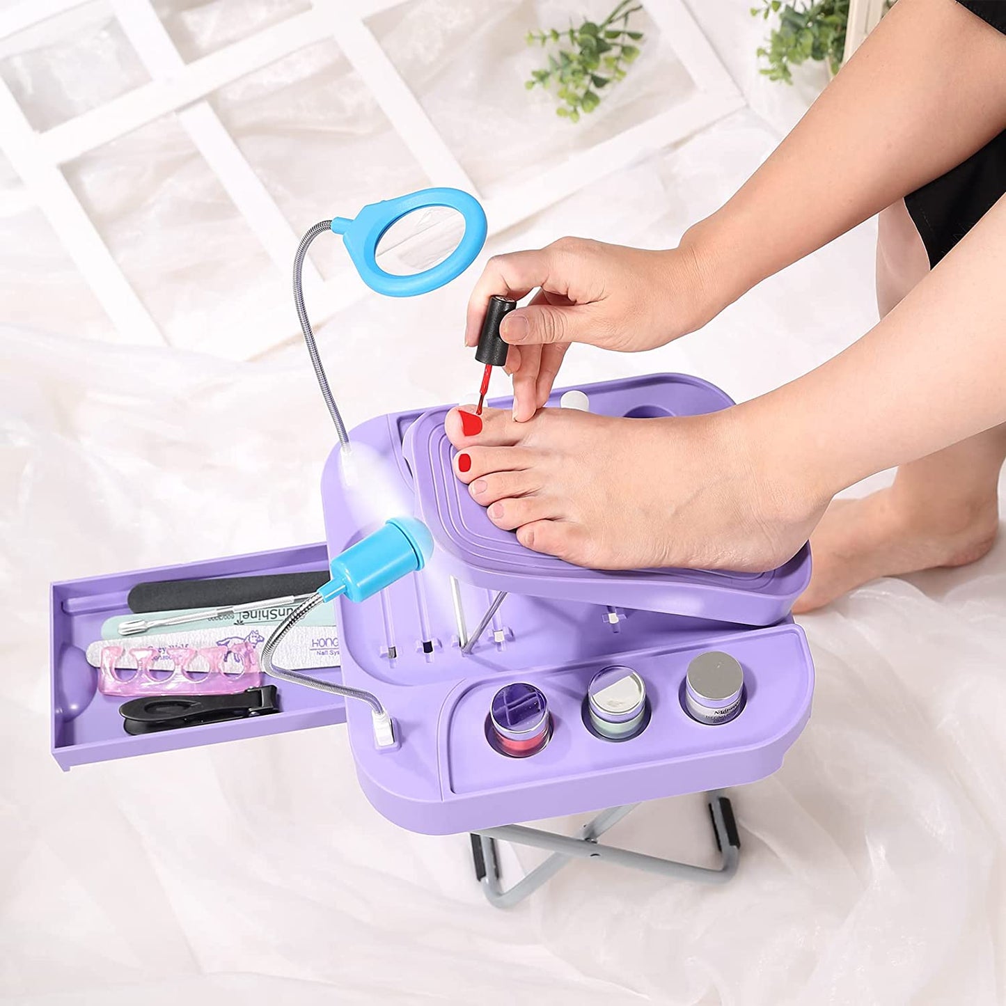 Pedicure Foot Rest with LED Magnifier and Drying Fan, Adjustable Foot Rest, Reinforced and Thickened,Stable and Easy for Pedicures at Home, with Storage Box,Beauty Pedicure Kit