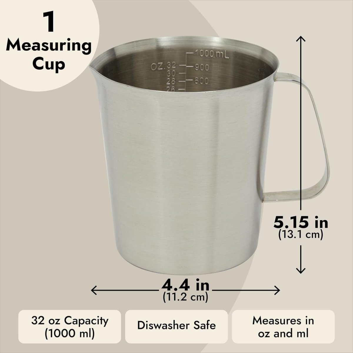 32 Oz Stainless Steel Measuring Cup with Handle, 4 Cup Metal Pitcher with Ounces and Milliliters Marking (1000 Ml) - Shiny Nails