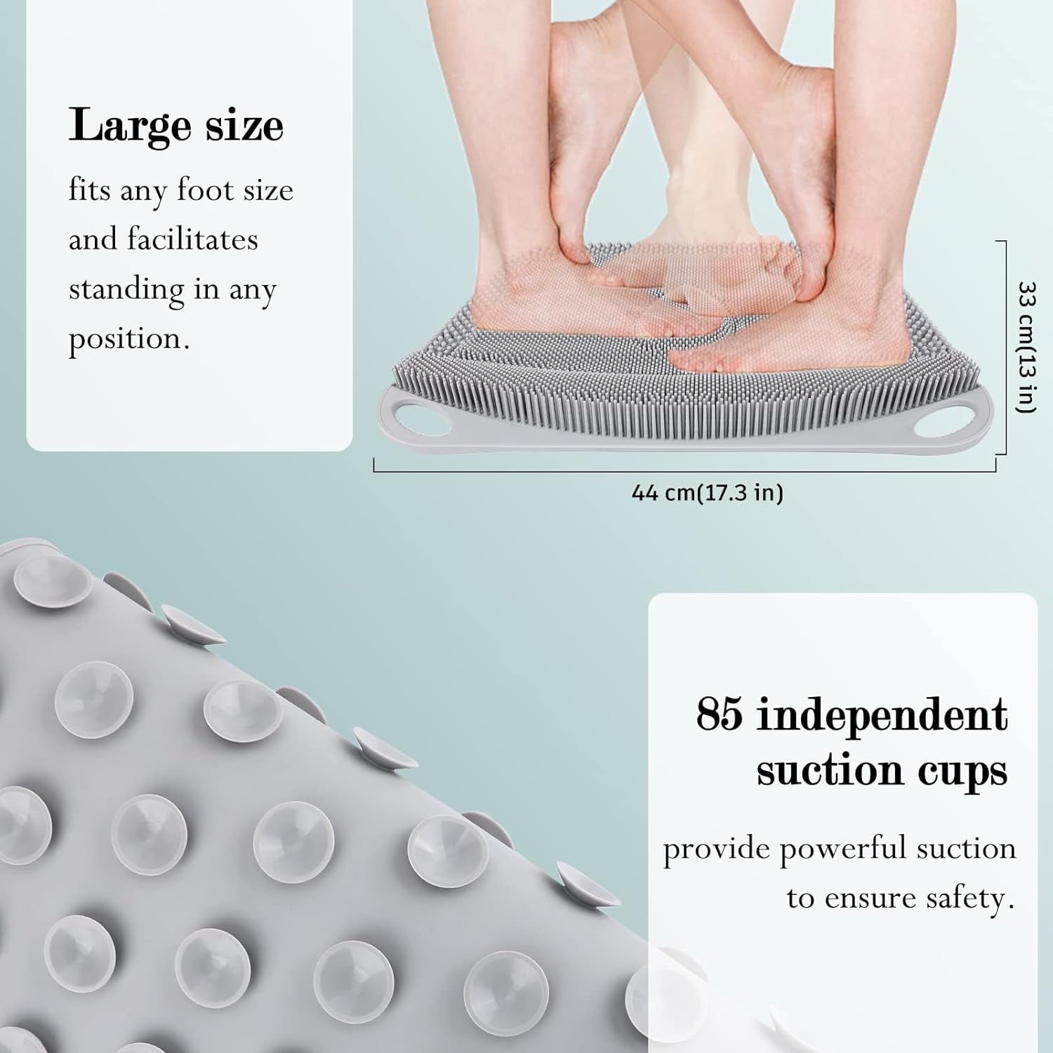Large Silicone Foot Scrubber Mat - Shower Foot Cleaner Brush to Clean, Exfoliate and Massage Feet without Bending Over, Improve Foot Appearance and Overall Health, Grey - 17.3" X 13"