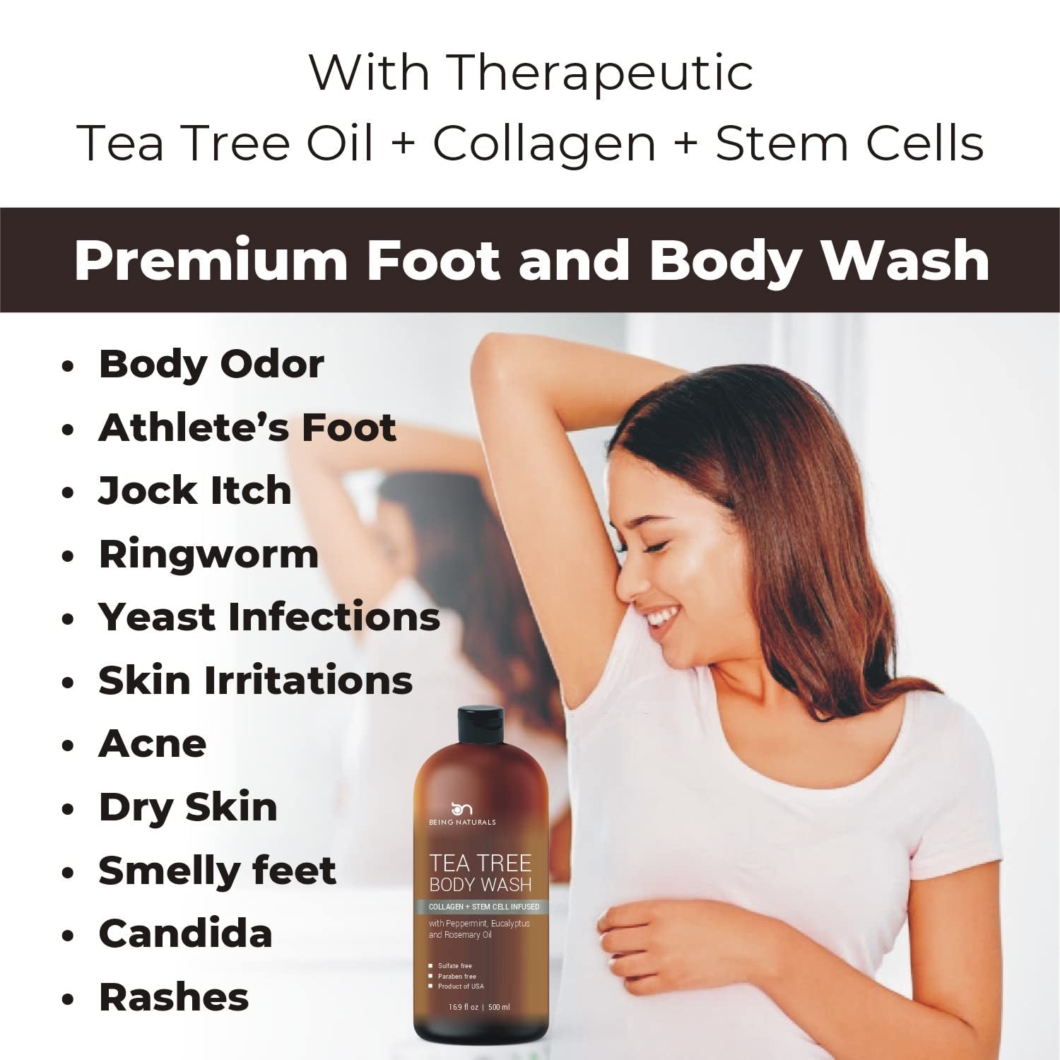 Tea Tree Body Wash -W/ Stem Cell, Collagen & Teatree Oil Fights Body Odor, Acne, Athlete’S Foot, Jock Itch, Dandruff, Eczema, Yeast Infection, Shower Gel for Women & Men, Skin Cleanser 16.9 Oz