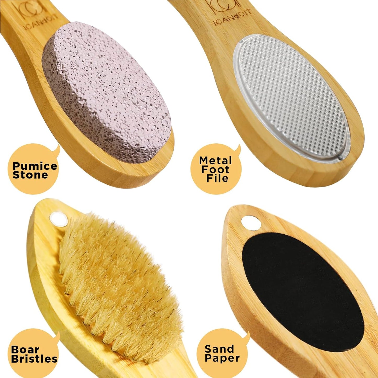 Icandoit-2 Packs Natural Bamboo Foot File Callus Remover-Multi Purpose 4 in 1 Feet Pedicure Kit with Boar Bristle Brush,Pumice Stone,Foot Rasp,Sand Paper