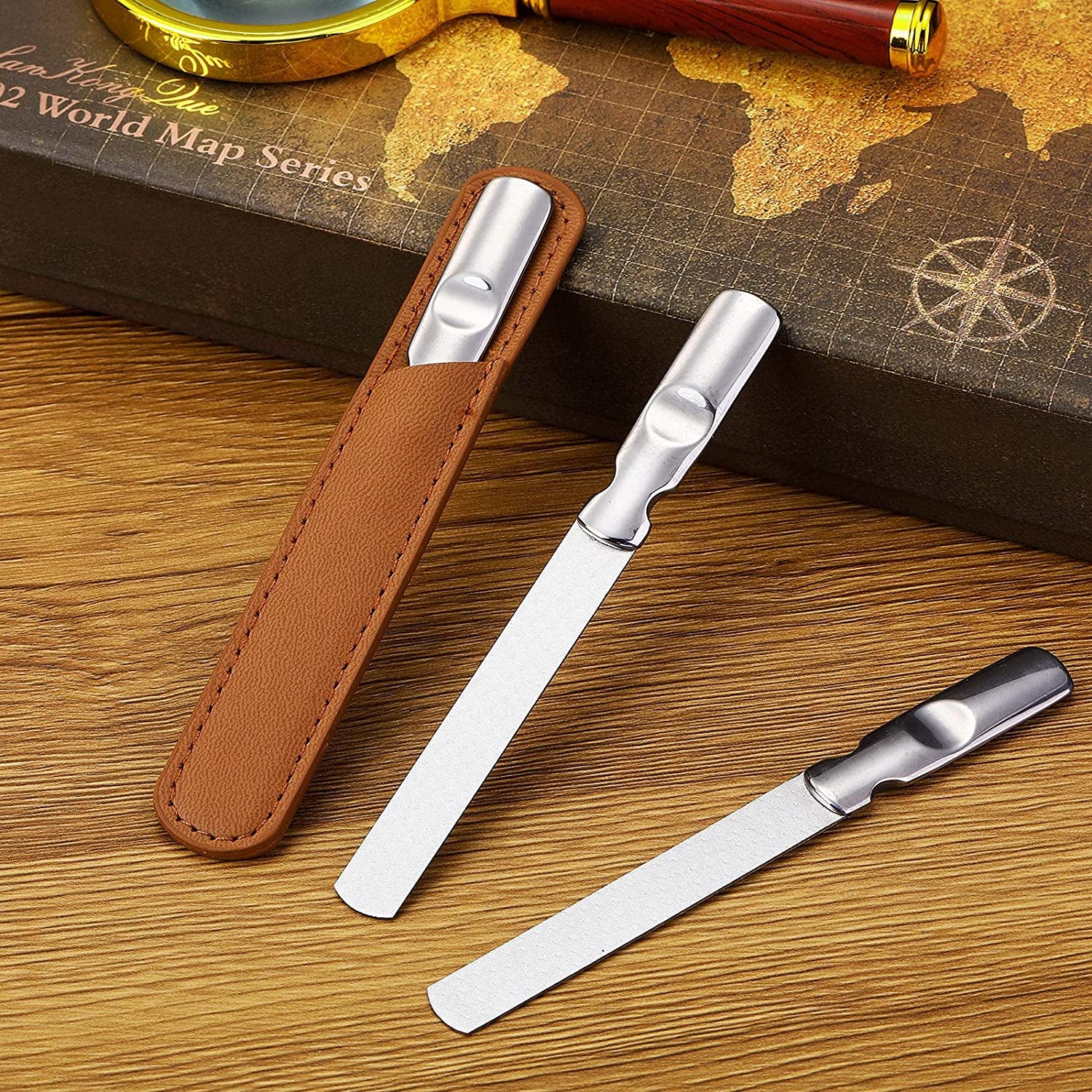 3 Pieces Stainless Steel Metal Nail File with Leather Case Heavy Duty Double Sided Nail Files Manicure Set with Leather Sheath (Brown)