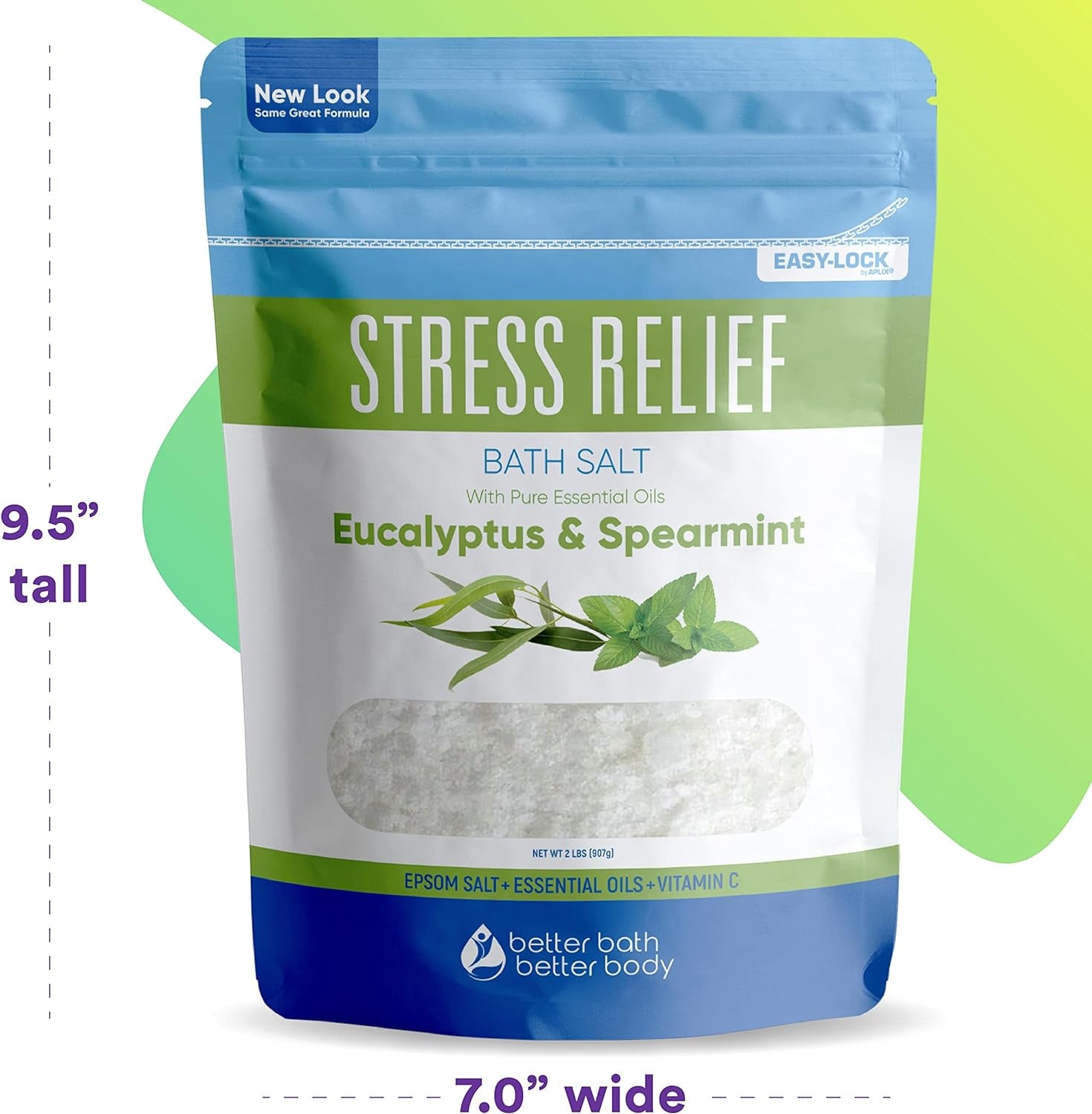Stress Relief Bath Salt 32 Ounces Epsom Salt with Natural Spearmint and Eucalyptus Essential Oils plus Vitamin C in BPE Free Pouch with Easy Press-Lock Seal