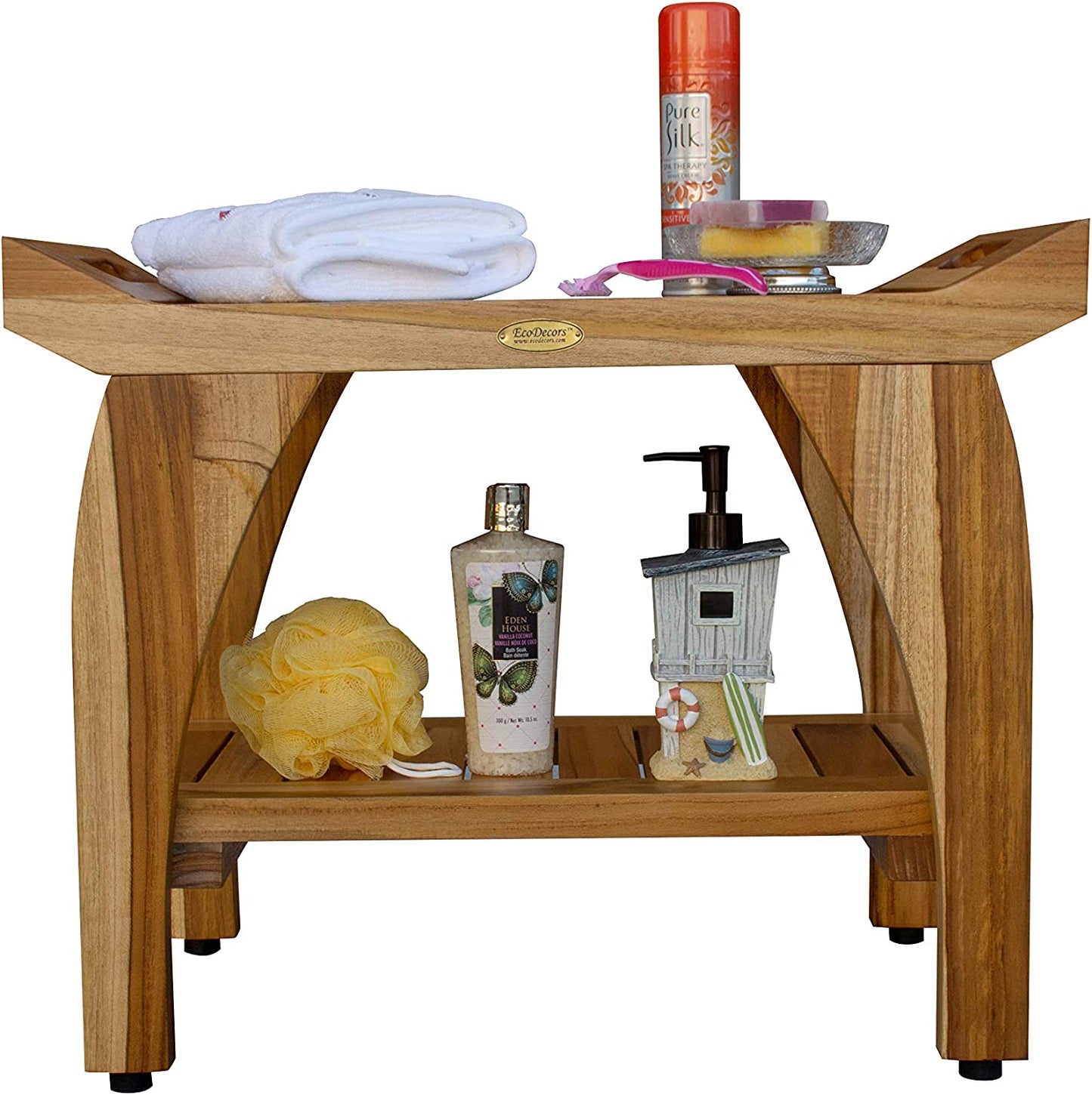 Earthy Teak Tranquility Shower Bench Natural Wood Shower Stool with Storage Shelf and Liftaide Arms for Indoors and Outdoors -24 Inches Length