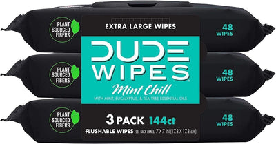 DUDE Wipes - Flushable Wipes - 3 Pack, 144 Wipes - Mint Chill Extra-Large Adult Wet Wipes - Vitamin-E, Aloe, Eucalyptus & Tea Tree Oils - Septic and Sewer Safe