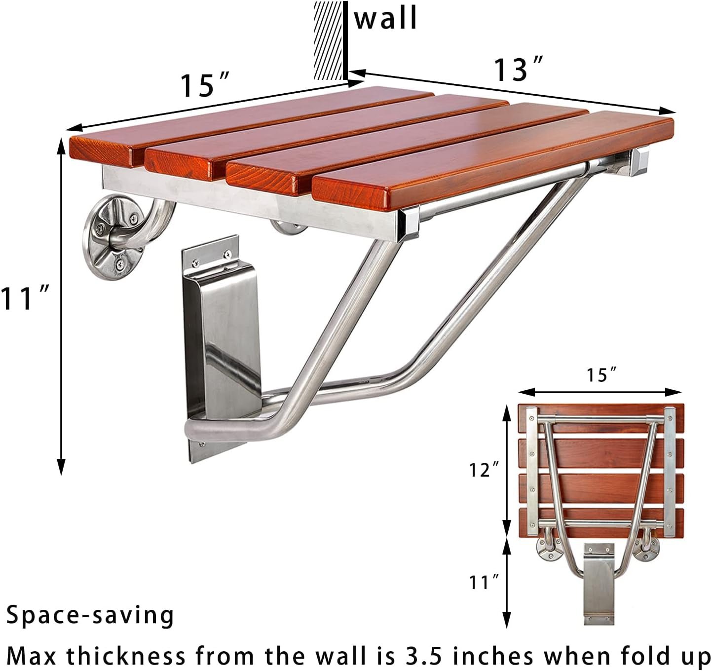 Folding Shower Seat and Bench Wall Mounted, Shower Chair Foldable, Shower Stool Collapsible for inside Shower Bathroom Bathtub Small Space, 350Lb Capacity, Teak Wood