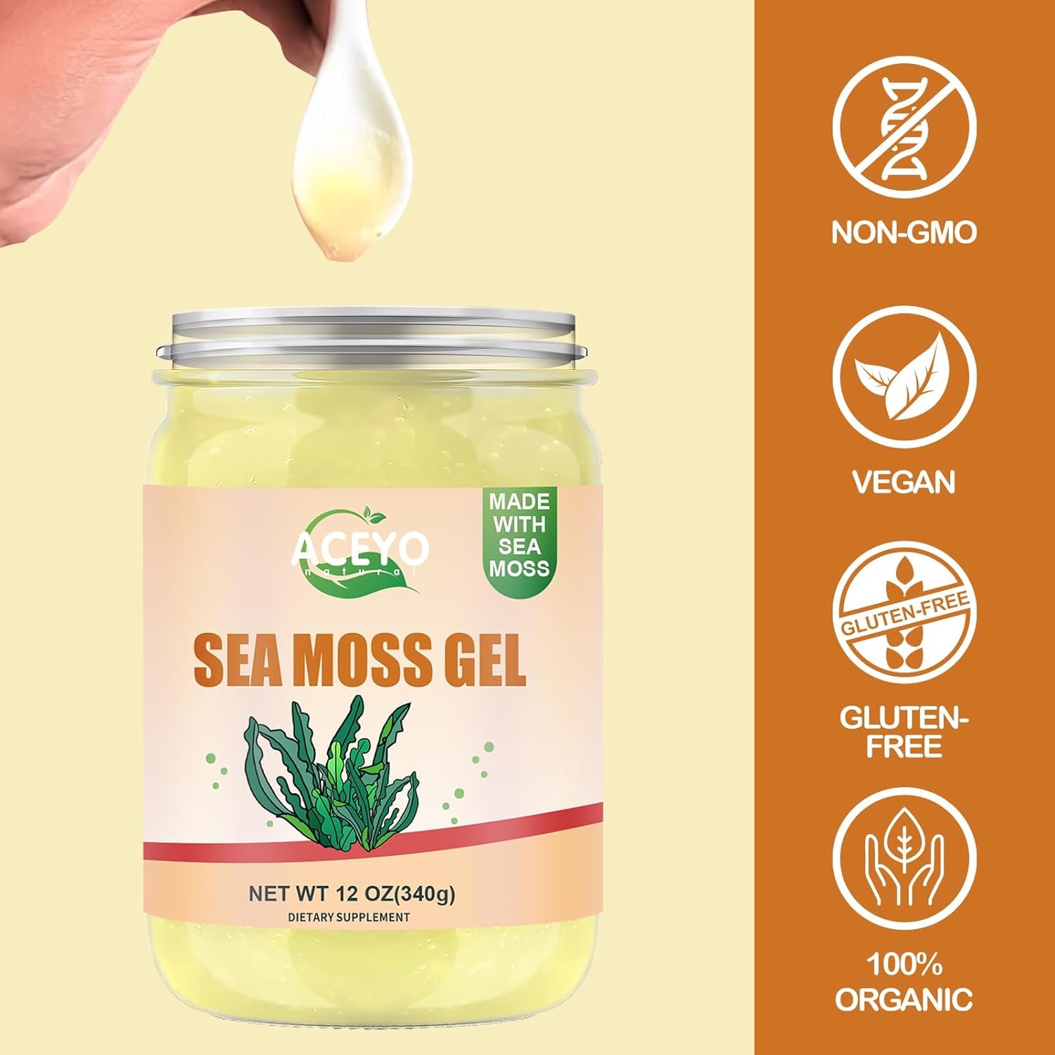 (12 OZ Organic Sea Moss Gel Raw Vegan Natural Irish Seamoss Gel for Women Men 102 Vitamins and Minerals Wild Harvested Original Flavored Non-Gmo