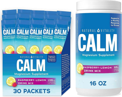 Calm, Magnesium Citrate Supplement, Anti-Stress Drink Mix Powder - Gluten Free, Vegan, & Non-Gmo, Raspberry Lemon, 16 Oz (Pack of 1) & 0.12 Oz (Pack of 30)