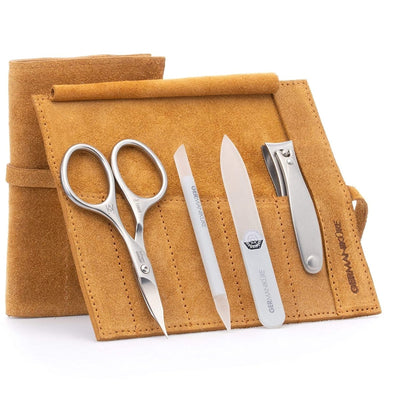 4Pc Mini Professional Manicure Set in Suede Case - FINOX Stainless Steel Tools Made in Solingen Germany, Glass Nail Care Supplies Made in Czech Republic - Shiny Nails
