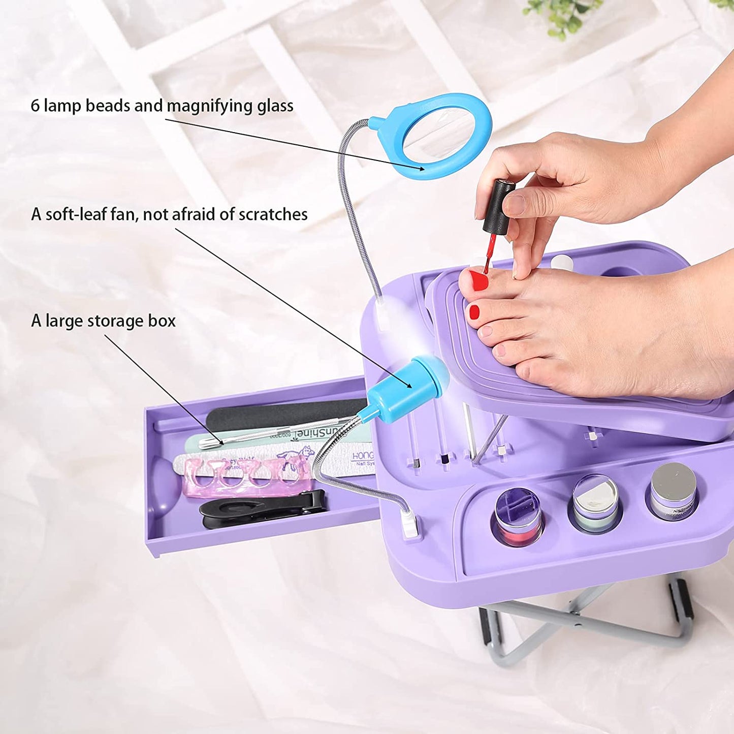 Pedicure Foot Rest with LED Magnifier and Drying Fan, Adjustable Foot Rest, Reinforced and Thickened,Stable and Easy for Pedicures at Home, with Storage Box,Beauty Pedicure Kit