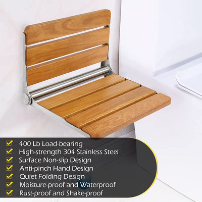Folding Shower Seat Wall Mounted Teak Wood Fold down Shower Seat Home Care Shower Bench for inside Shower, Bathroom Fold up Shower Chair (16.1''*13.4'')