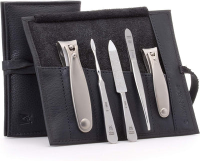 5Pc Manicure Set in Black Leather Case - Made in Solingen Germany, FINOX Stainless Steel Tools – Professional Quality Compact Nail Grooming Kit - Shiny Nails