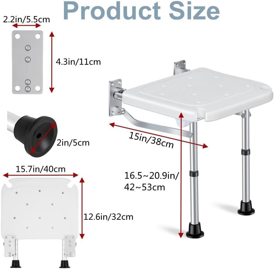 Folding Shower Seat Wall Mounted, Foldable Shower Chair Adjustable Height Fold down Shower Seat Bath Bench Bathroom Stool Collapsible for inside Shower for Elderly, Adults, Pregnants, Seniors,Disabled