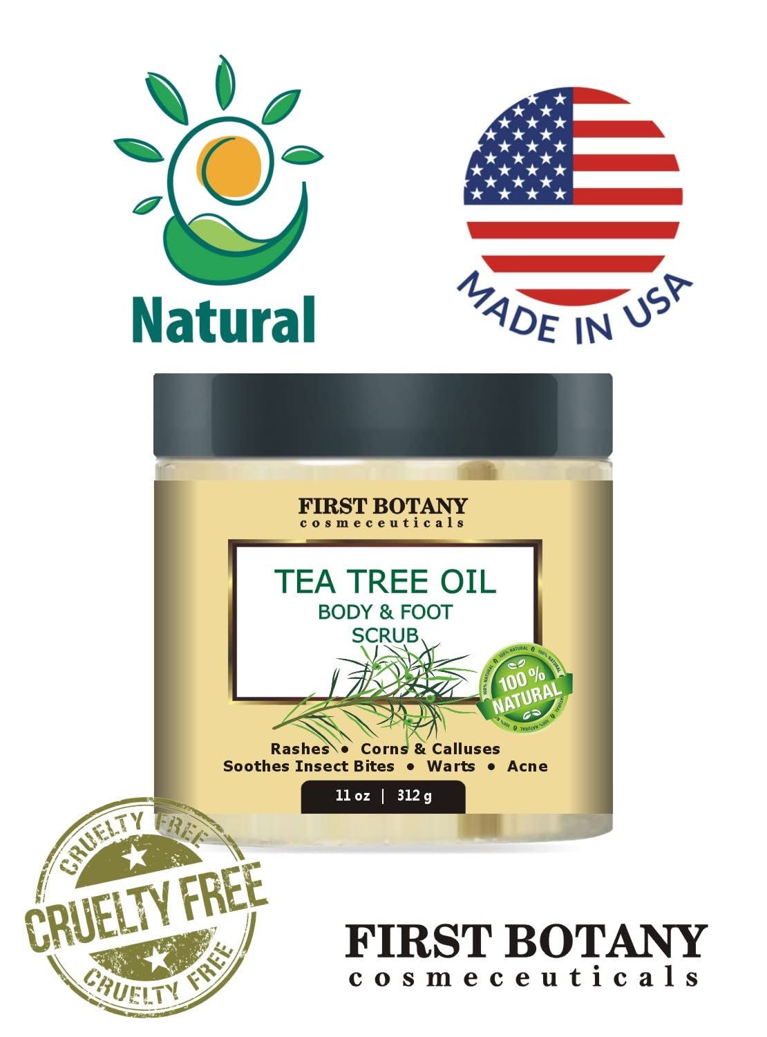 100% Natural Tea Tree Oil Body & Foot Scrub with Dead Sea Salt - Best for Acne, Dandruff and Warts, Helps with Corns, Calluses, Athlete Foot, Jock Itch & Body Odor