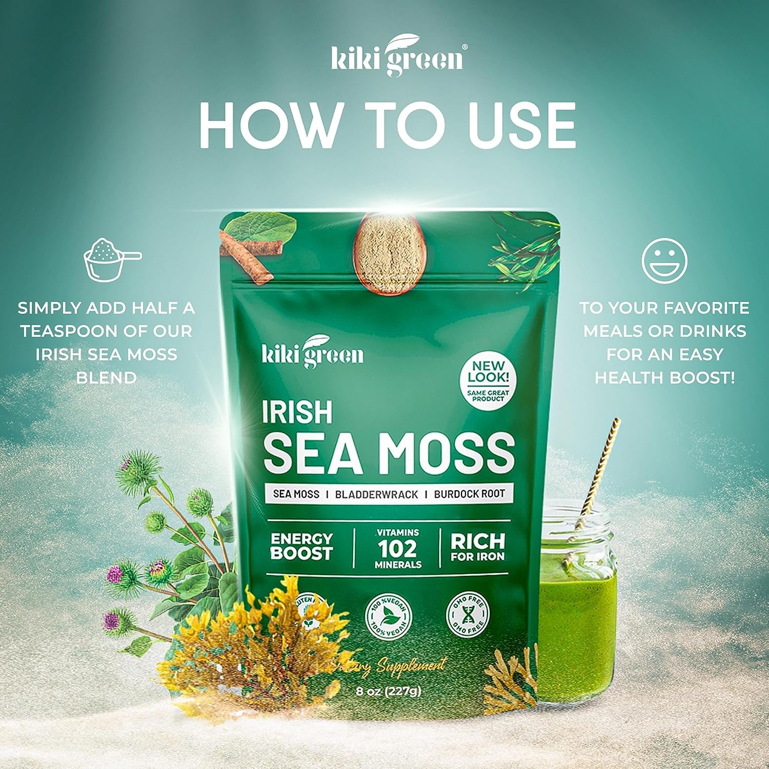 Irish Sea Moss Powder 8 Oz - Wildcrafted Sea Moss with Bladderwrack Burdock Root Powder Dr Sebi Sea Moss for Immune Support - Keto, Vegan Friendly Powder