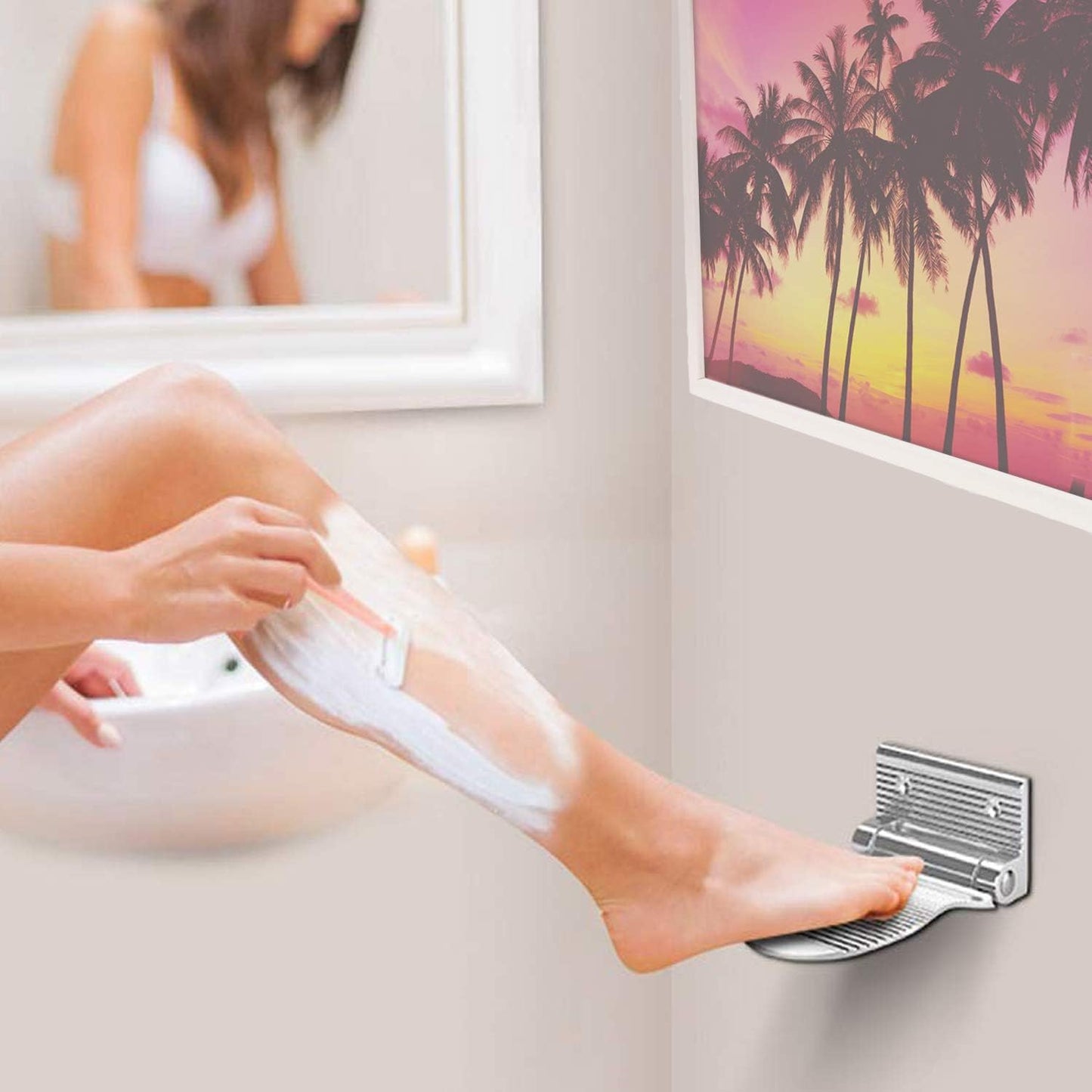 Shower Foot Rest, Shaving & Washing Foot Rest, Heavy Duty Aluminum Alloy Shaving Shelf Fold-Up Shower Foot Rest for Shaving Legs Shower Combo Set (Silvery)