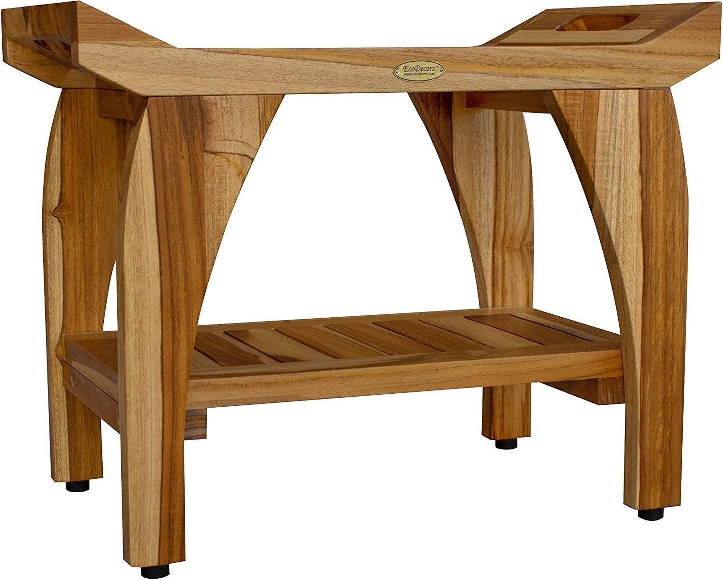 Earthy Teak Tranquility Shower Bench Natural Wood Shower Stool with Storage Shelf and Liftaide Arms for Indoors and Outdoors -24 Inches Length