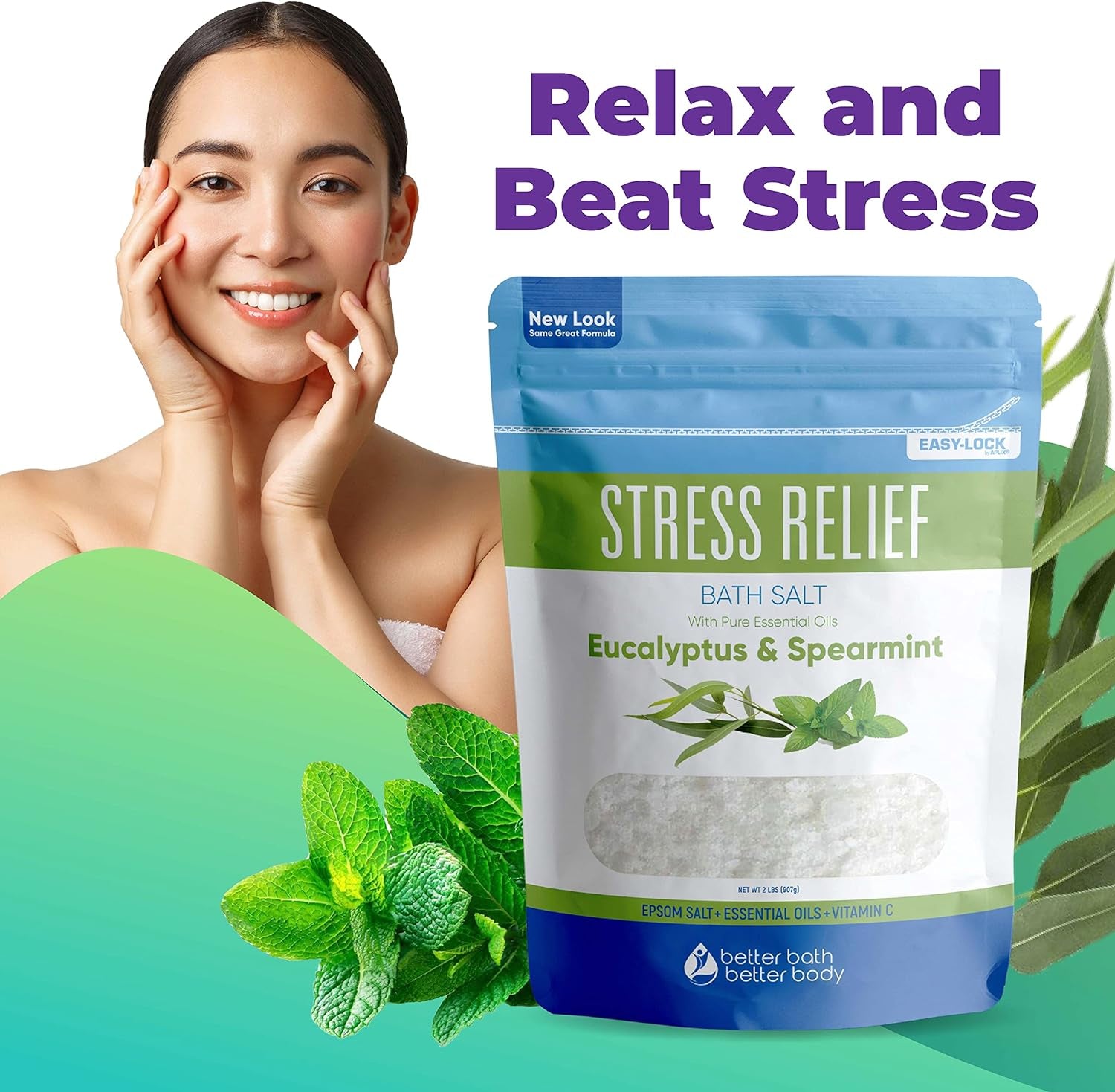 Stress Relief Bath Salt 32 Ounces Epsom Salt with Natural Spearmint and Eucalyptus Essential Oils plus Vitamin C in BPE Free Pouch with Easy Press-Lock Seal