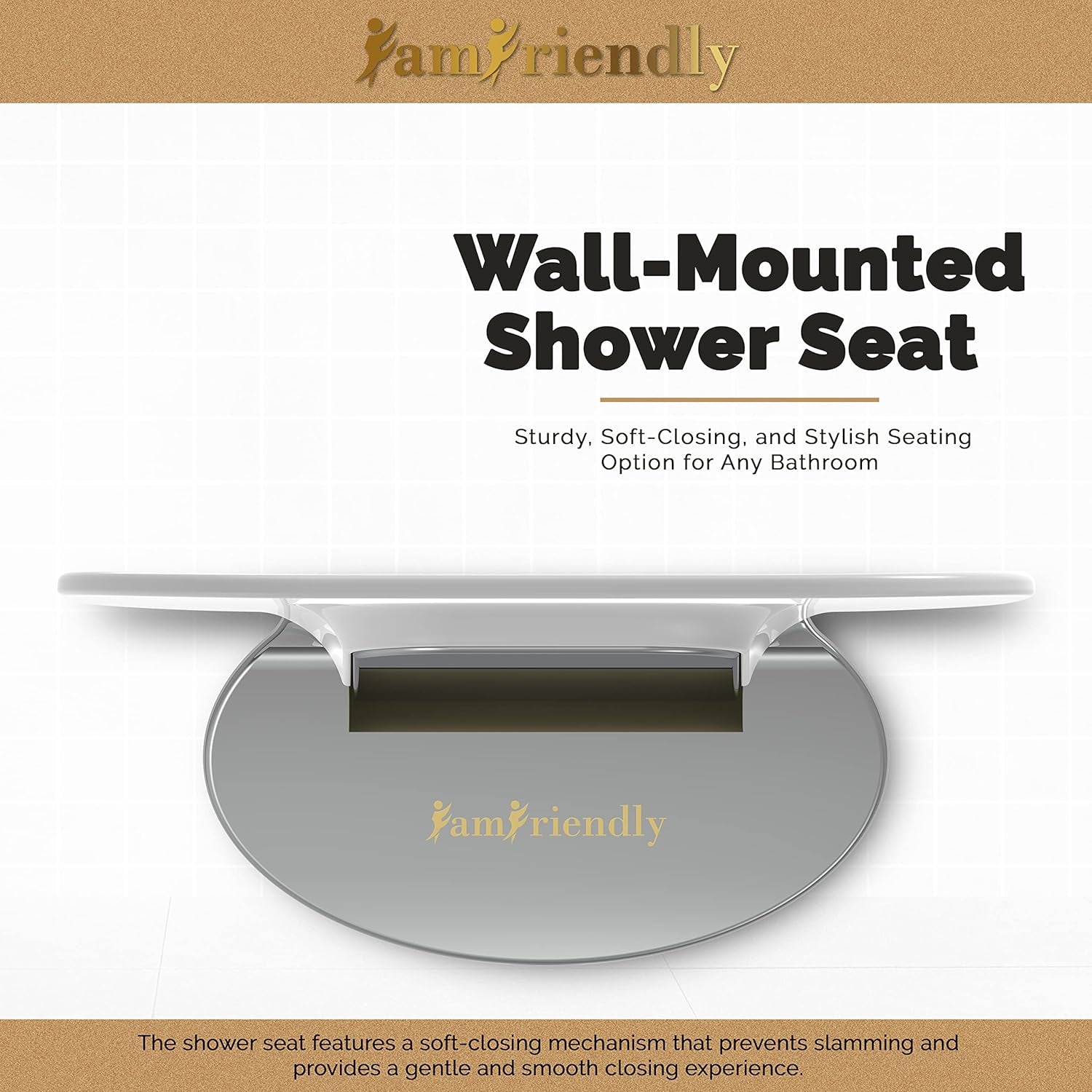 Premium Wall-Mounted Shower Seat with Soft-Closing Mechanism - Sturdy, Space-Saving, and Stylish Seating Option for Any Bathroom, Supporting up to 450 Pounds (White and Chrome)