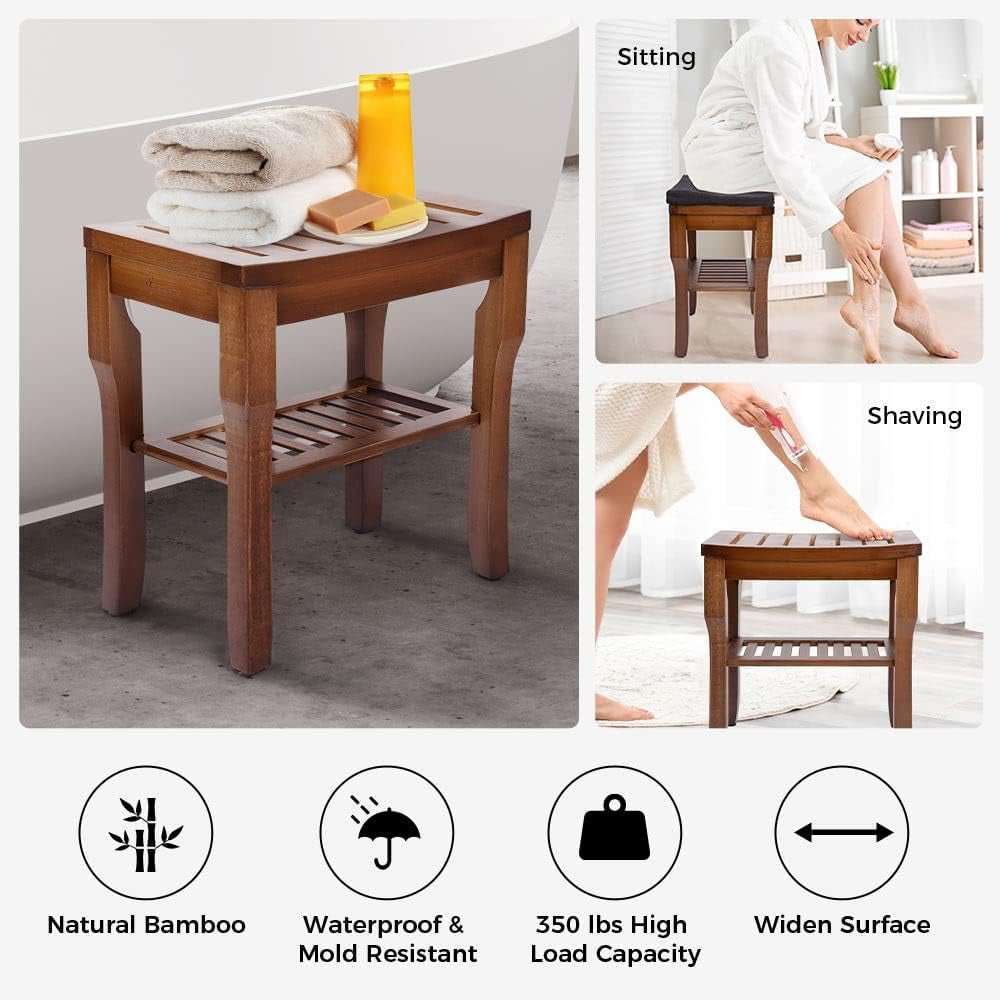 Bamboo Shower Bench, Spa Bath Seat with Cushion for Adults, Seniors, & Elderly, Footrest for Safe Shaving, Multifunctional for Bathroom, Living Room & Garden Decor, Espresso
