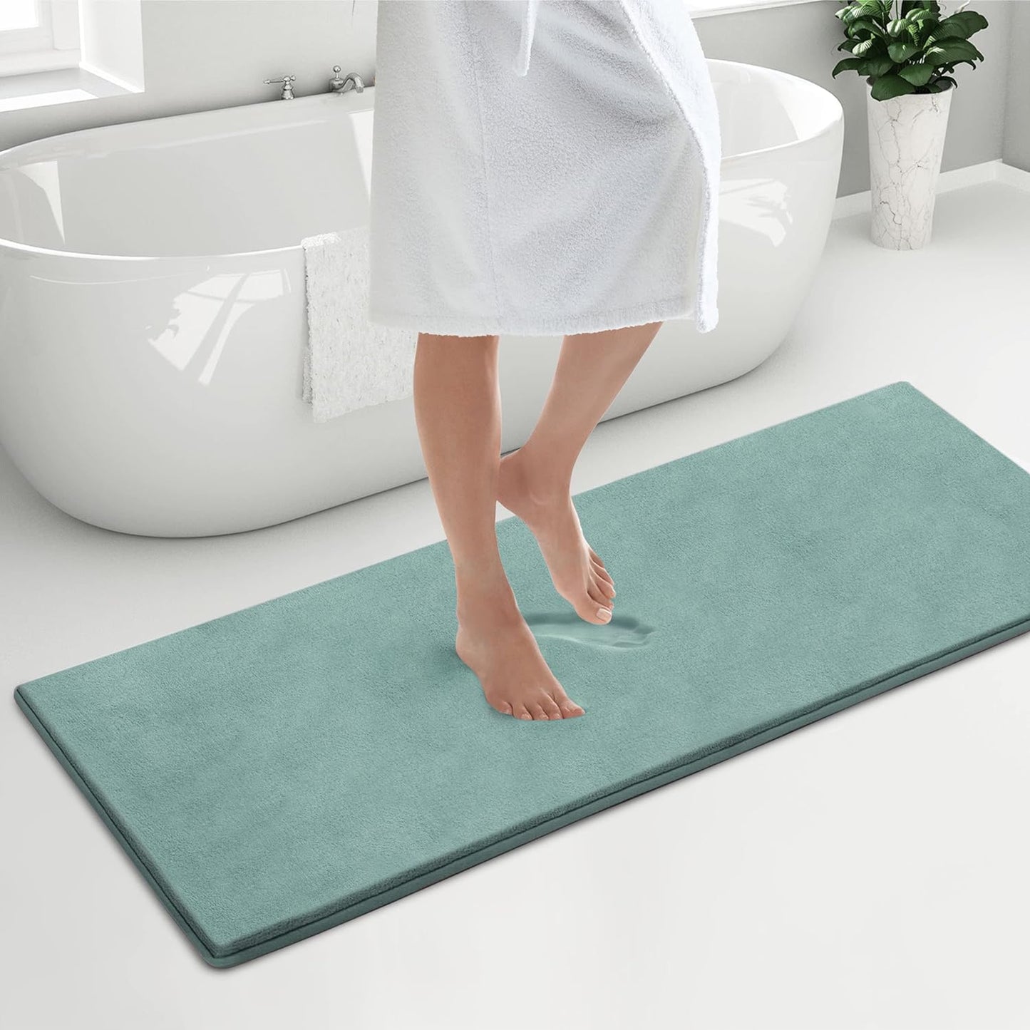 - Luxurious Memory Foam Bath Mat, Absorbent Bathroom Mat with Skid-Resistant Base, Machine-Washable Bath Mats for Bathroom, Kitchens & More, Quick Dry Mat 24 X 58 Inches, Aqua