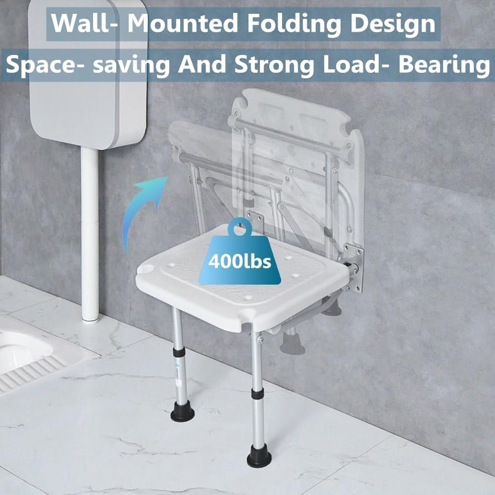 Folding Shower Seat Wall Mounted, Foldable Shower Chair Adjustable Height Fold down Shower Seat Bath Bench Bathroom Stool Collapsible for inside Shower for Elderly, Adults, Pregnants, Seniors,Disabled