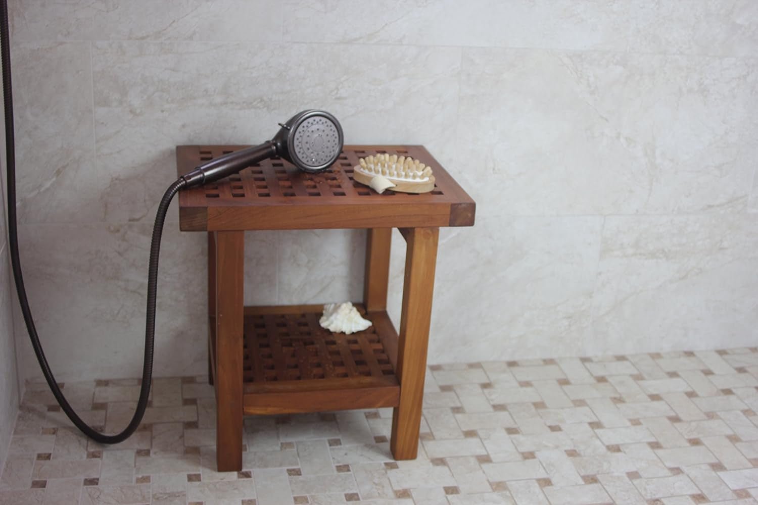 the Original 18" Grate Teak Shower Bench with Shelf