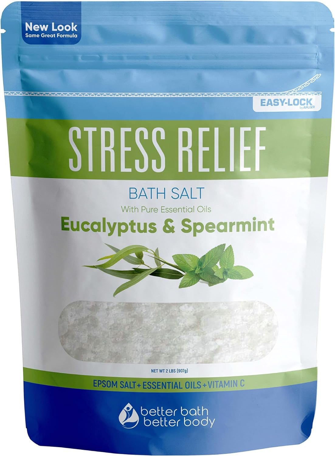 Stress Relief Bath Salt 32 Ounces Epsom Salt with Natural Spearmint and Eucalyptus Essential Oils plus Vitamin C in BPE Free Pouch with Easy Press-Lock Seal