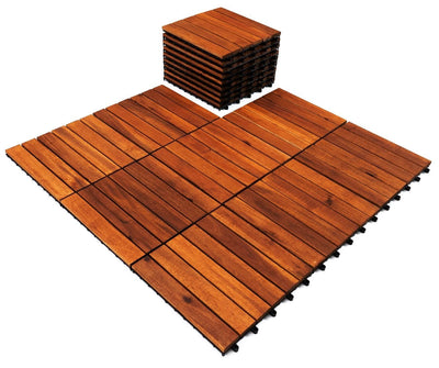 12”X12” Solid Wood Interlocking Flooring Tiles (Pack of 9), Acacia Hardwood Deck Tiles,Floor Tiles for Both Indoor & Outdoor Use, Waterproof All Weather, 6 Slat (9 Sq Ft))