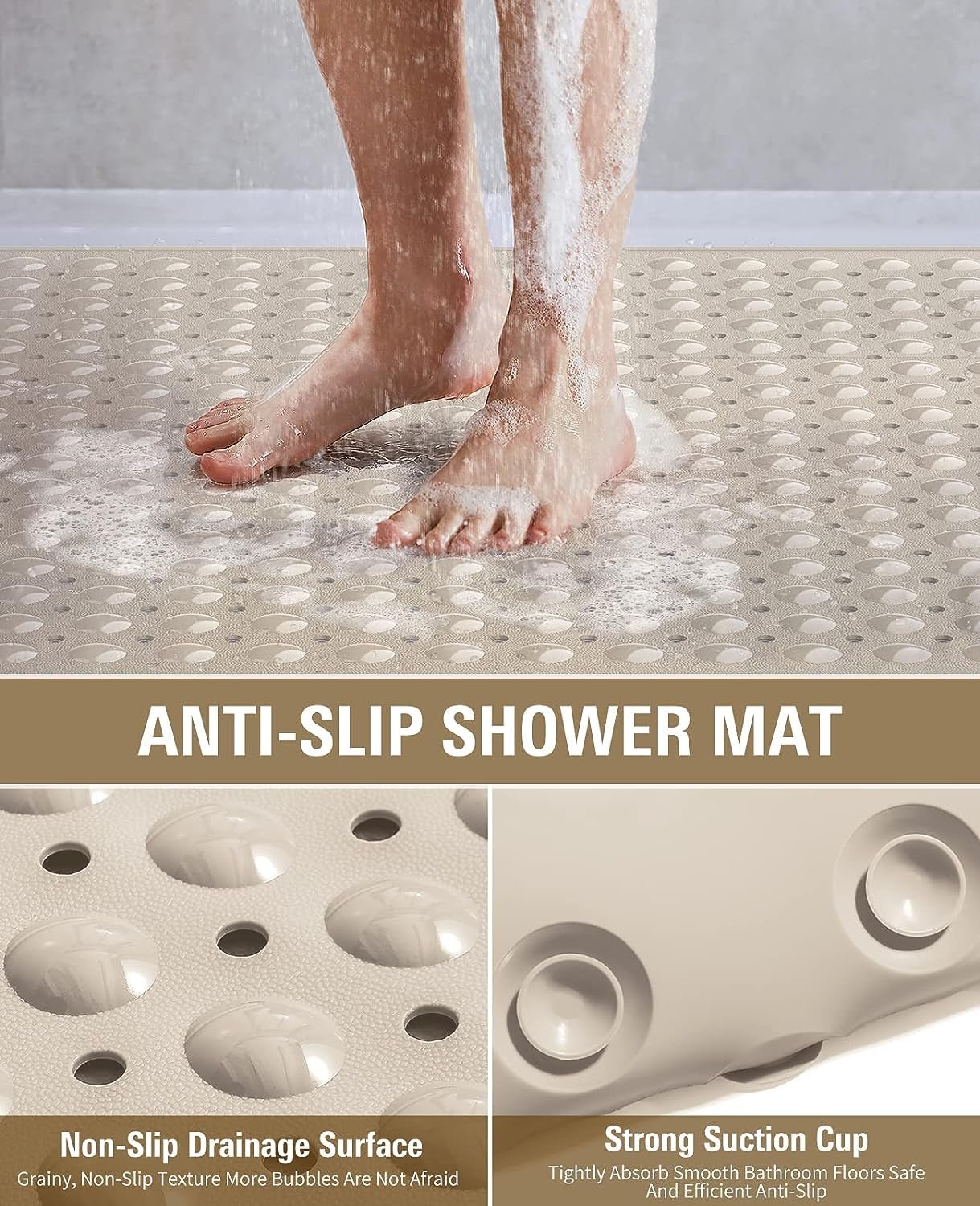Extra Large TPE Shower Mat, 47.2" L X 31.5" W anti Slip Bath Mat with Drain Holes and Suction Cups, Large Size Mat More Suitable for Shower Stall, No Odor, Heavy Mat
