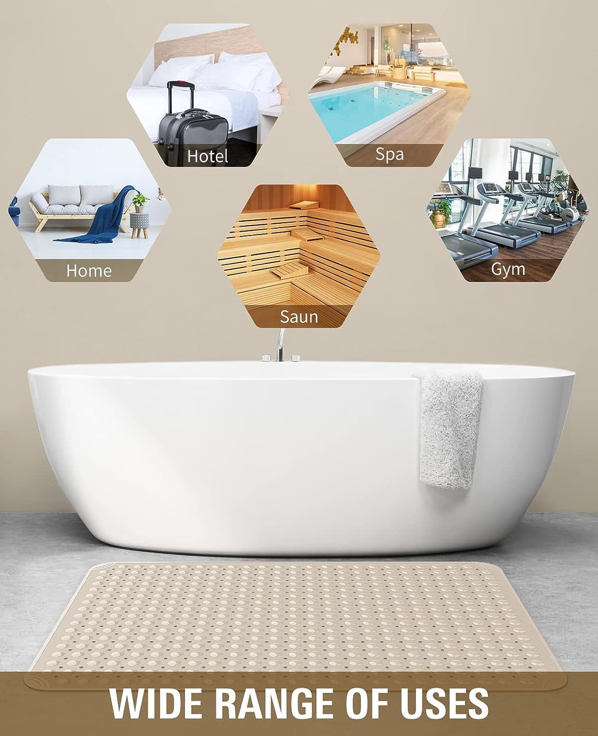 Extra Large TPE Shower Mat, 47.2" L X 31.5" W anti Slip Bath Mat with Drain Holes and Suction Cups, Large Size Mat More Suitable for Shower Stall, No Odor, Heavy Mat