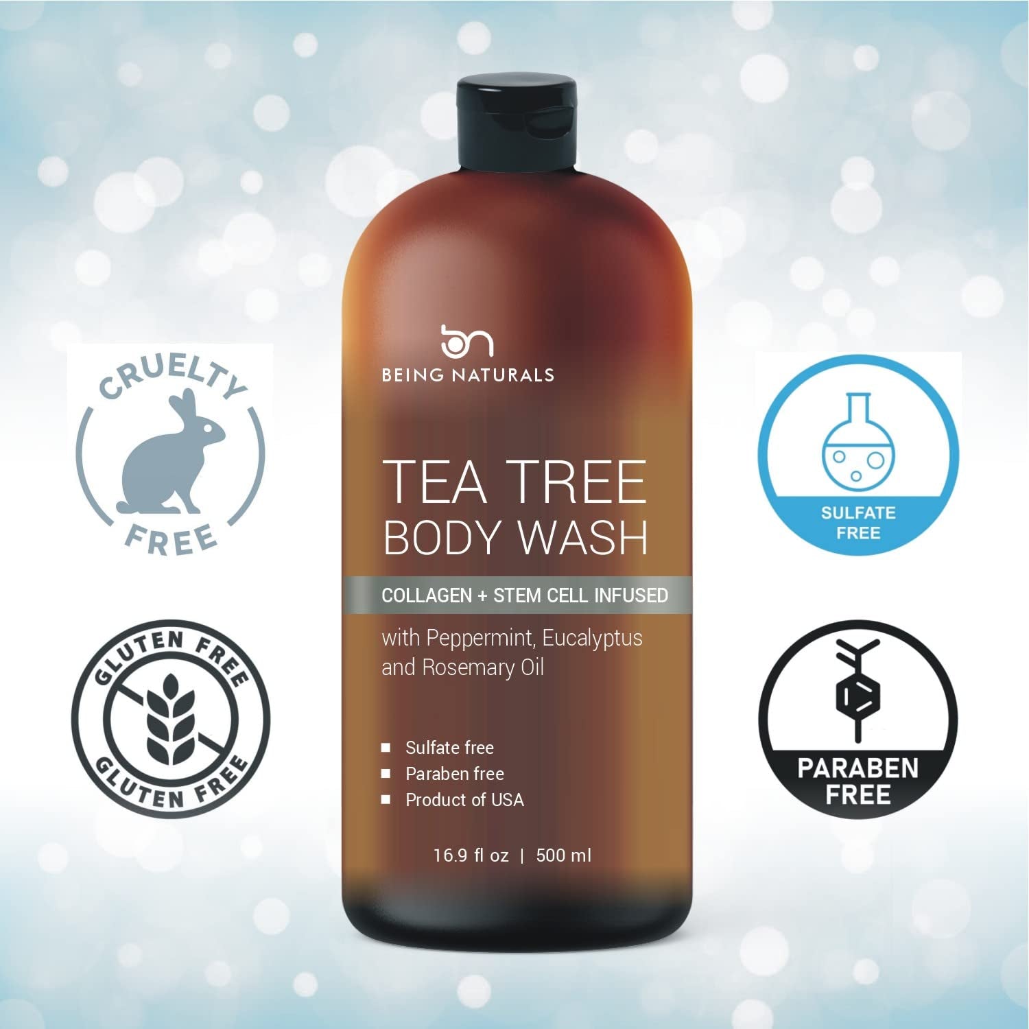 Tea Tree Body Wash -W/ Stem Cell, Collagen & Teatree Oil Fights Body Odor, Acne, Athlete’S Foot, Jock Itch, Dandruff, Eczema, Yeast Infection, Shower Gel for Women & Men, Skin Cleanser 16.9 Oz