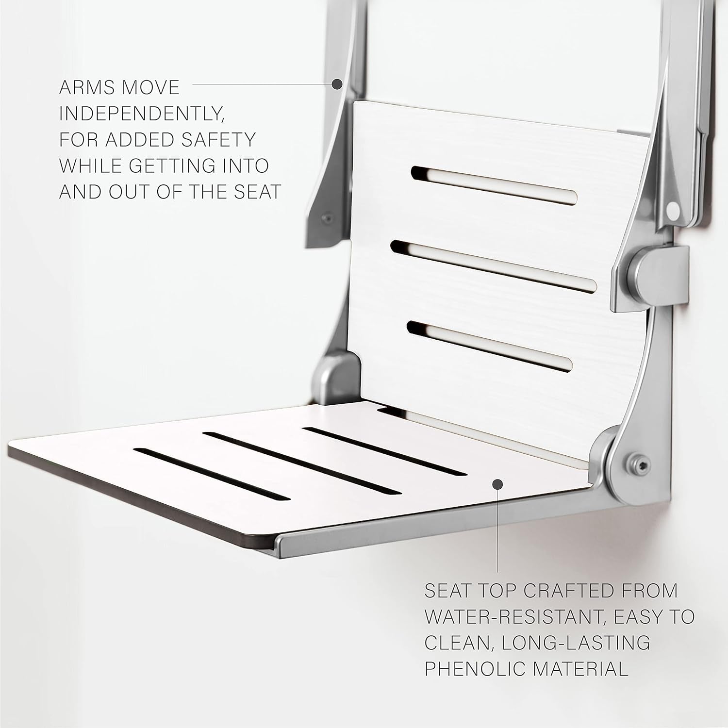 Silhouette Comfort Folding Wall Mount Shower Bench Seat with Arms, White Seat with Silver Frame