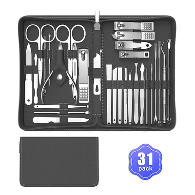 Manicure Nail Clippers Kit - Nail Grooming Set, 31Pcs Stainless Steel Manicure and Pedicure Nail Kit, Nail Care Tools with Luxurious Travel Case (Black)