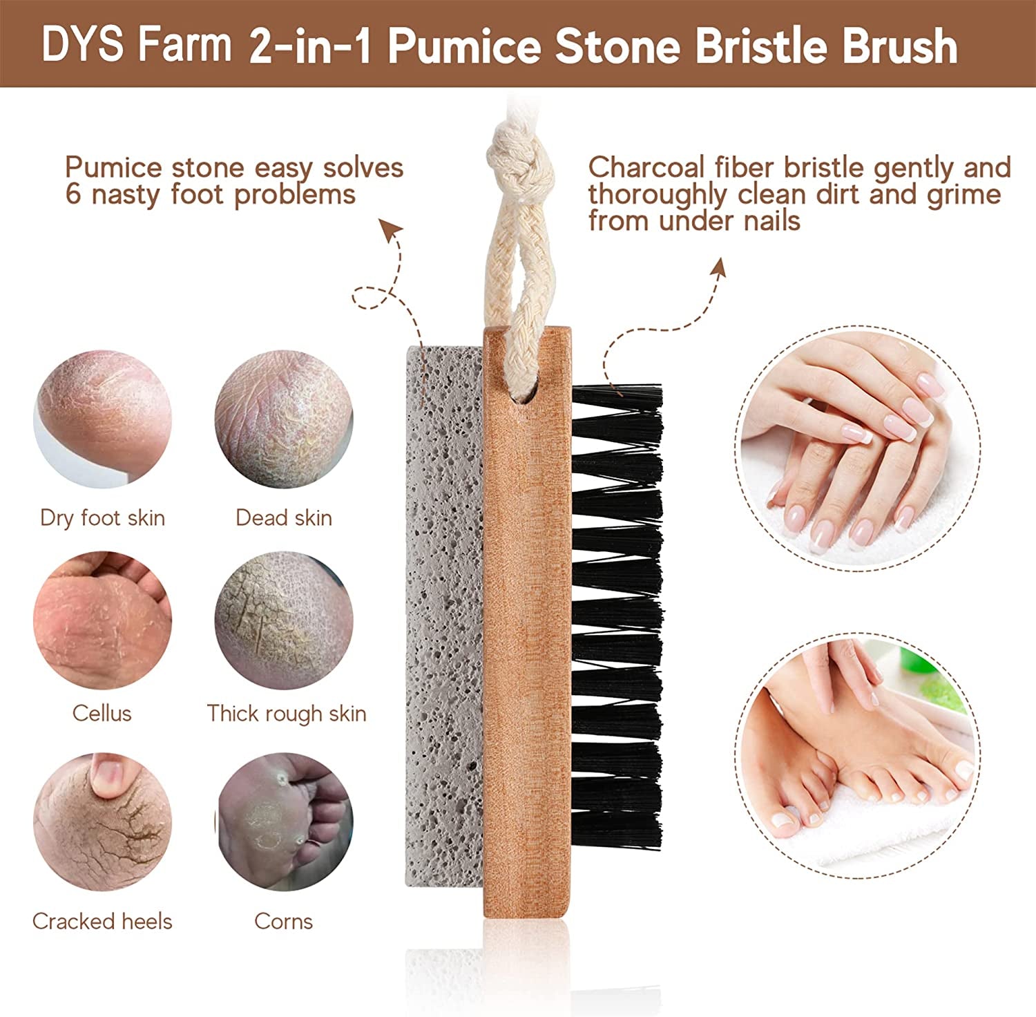 Nail Brushes for Cleaning Fingernails with Stiff Bristles - Wooden Fingernail Brush, Foot Scrubber Brush with Pumice Stone for Cleansing Exfoliating Feet and Hands, 2 In1 Manicure Pedicure Tools