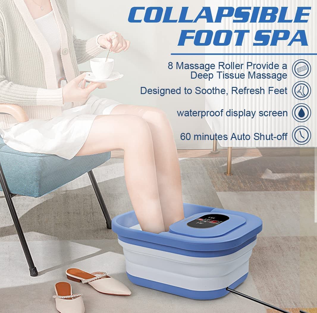 Collapsible Foot Bath Massager with Heat, Temperature Control, Timer, Red Light & Bubble, Foot Soak Bath Basin with Massage Rollers, Acupressure Massage Points, Pumice Stone - Blue