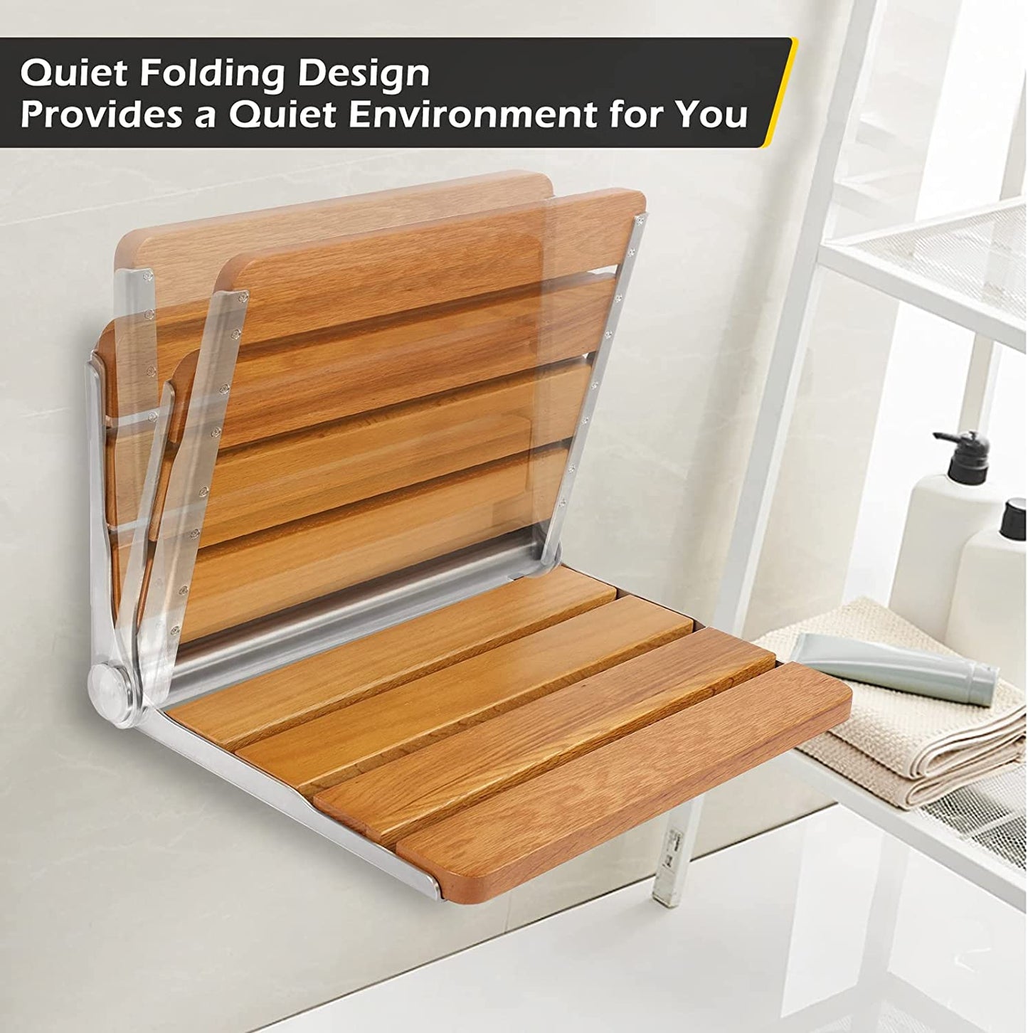 Folding Shower Seat Wall Mounted Teak Wood Fold down Shower Seat Home Care Shower Bench for inside Shower, Bathroom Fold up Shower Chair (16.1''*13.4'')