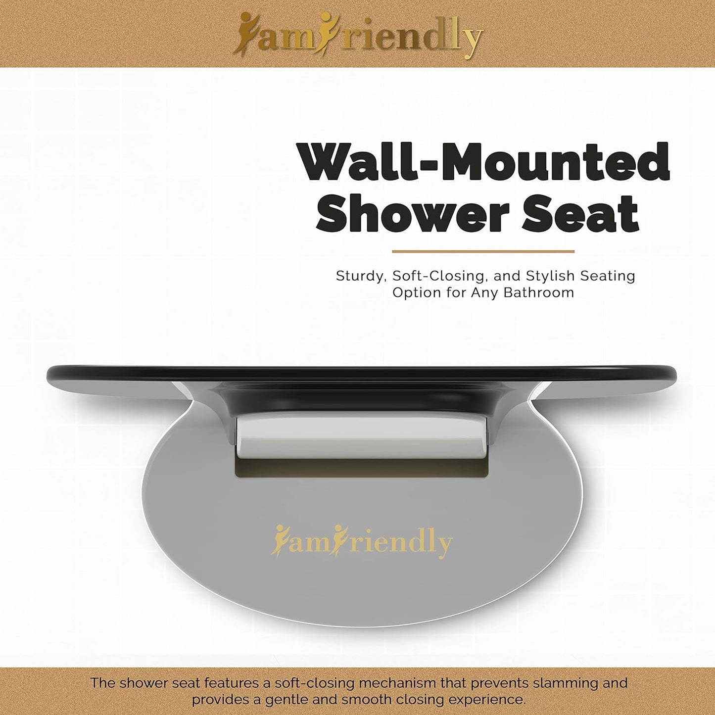 Premium Wall-Mounted Shower Seat - Sturdy, Soft-Open, and Stylish Seating Option for Any Bathroom, Supporting up to 450 Pounds (Black and Chrome)