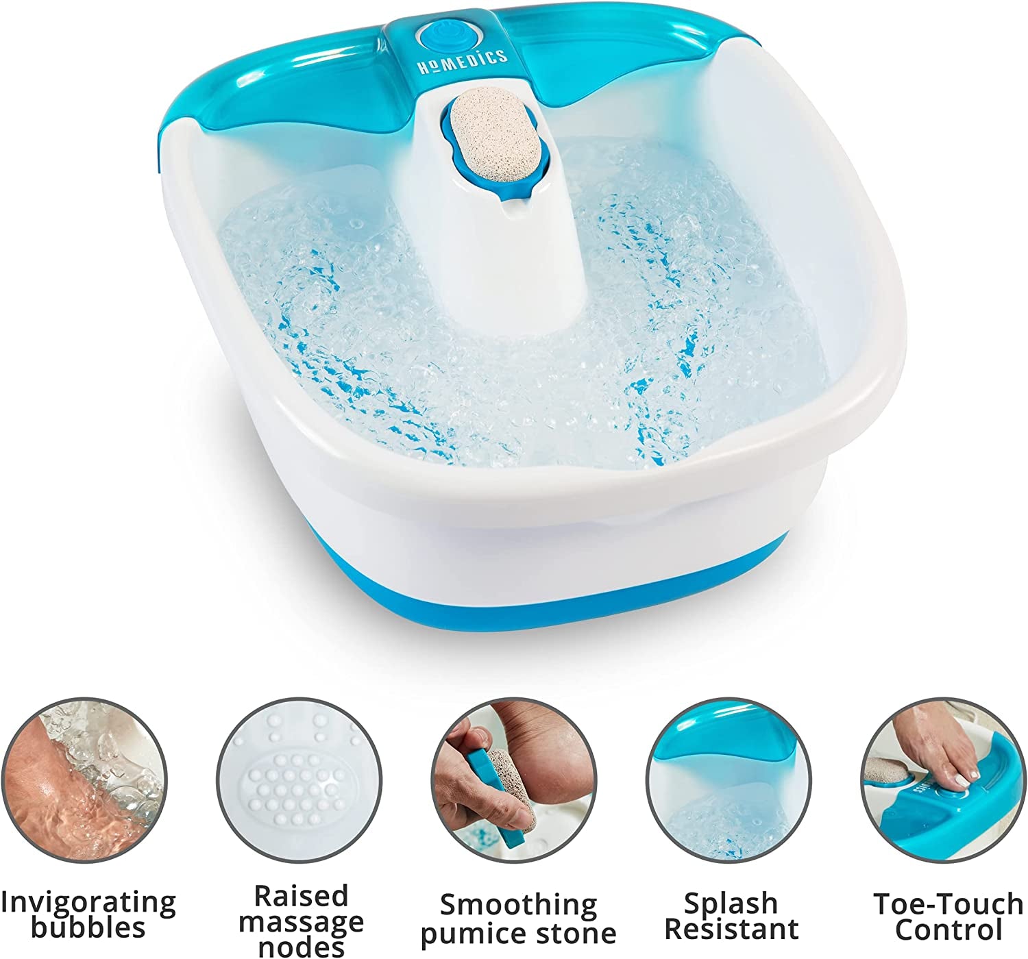 Bubble Mate Foot Spa, Toe Touch Controlled Foot Bath with Invigorating Bubbles and Splash Proof, Raised Massage Nodes and Removable Pumice Stone