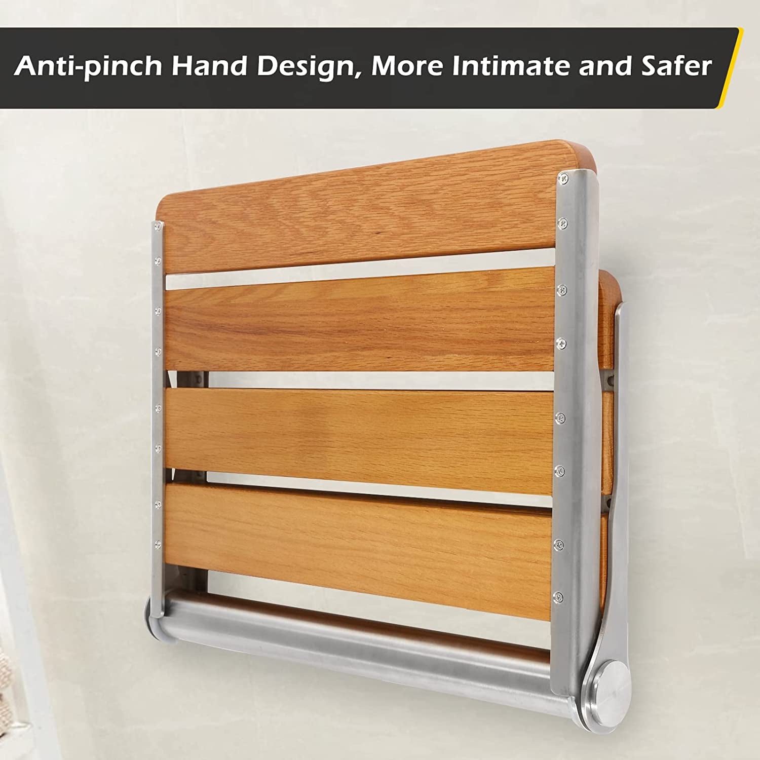 Folding Shower Seat Wall Mounted Teak Wood Fold down Shower Seat Home Care Shower Bench for inside Shower, Bathroom Fold up Shower Chair (16.1''*13.4'')